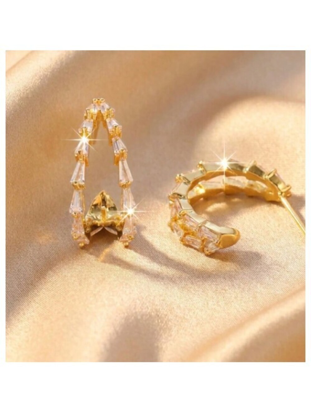 Open center baguette - Earrings - Gold - CZs - 1" - Picture 3 of 6